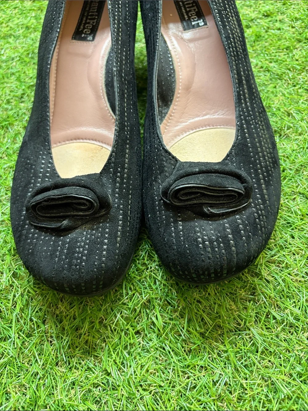 BeautiFeel Black Suede Flats with Rosette Accent